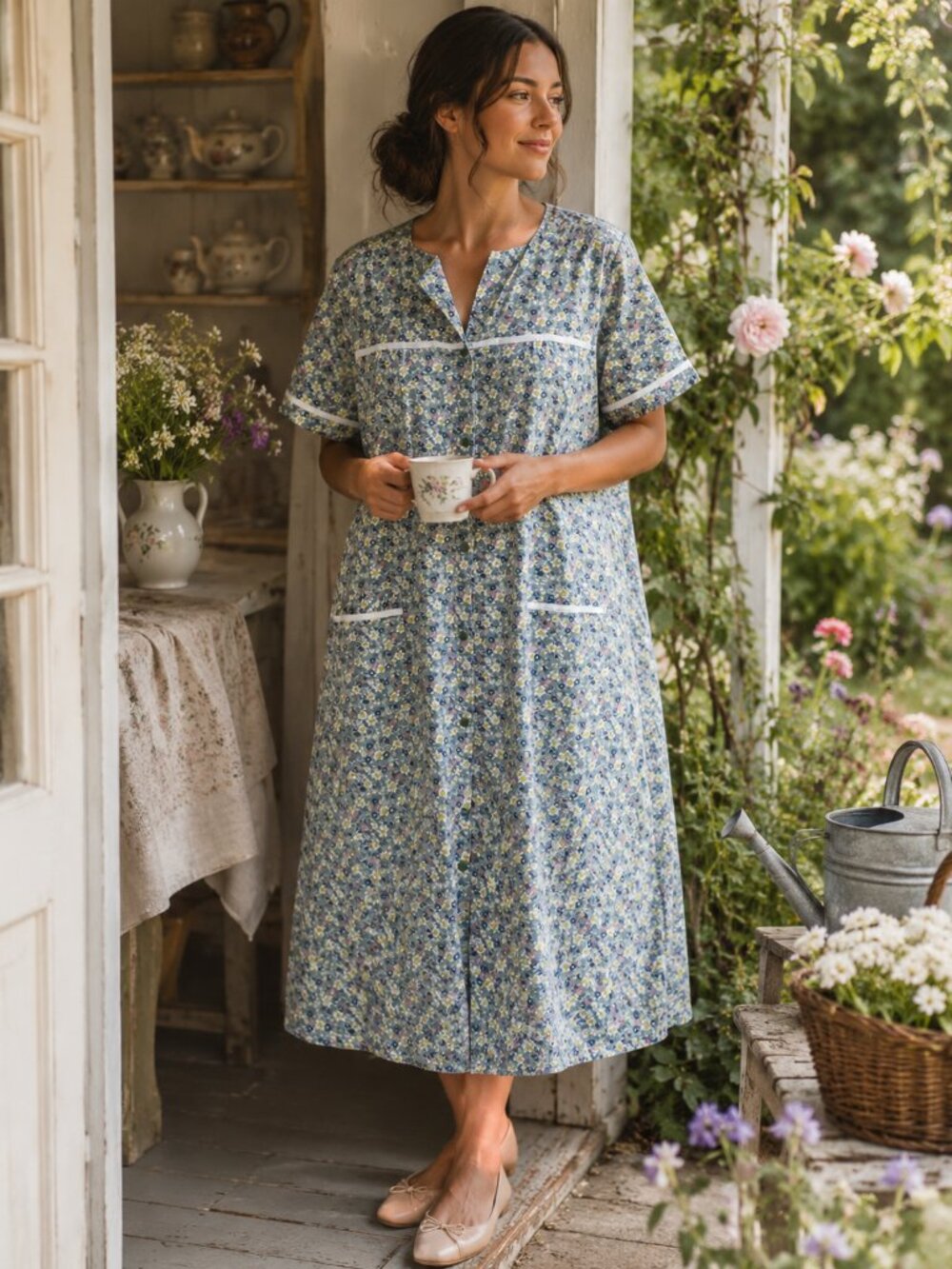 Yozly Blue Floral Lounge Dress Cottagecore Duster Robe NWT Large
